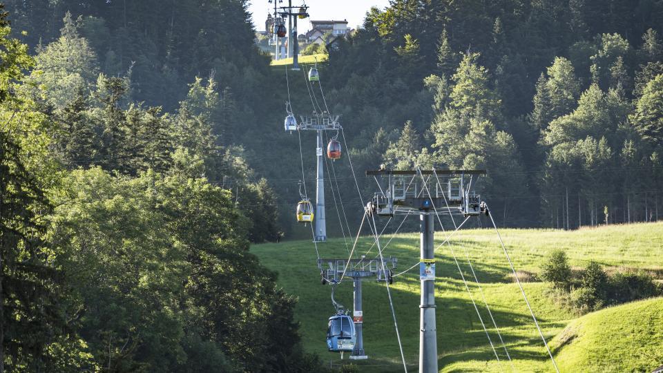 Drehgondel der Bergbahn schweben am Seil vor dem Wald über grüne Wiesen.