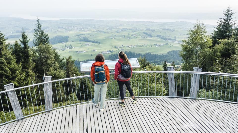 Eine Frau und ein Mann stehen auf einer Aussichtsplattform aus Holz und schauen auf eine grüne Hügellandschaft.