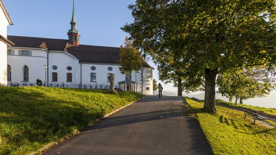 Ein Spaziergängerin läuft unter einem Baum vor dem Kloster Gubel.