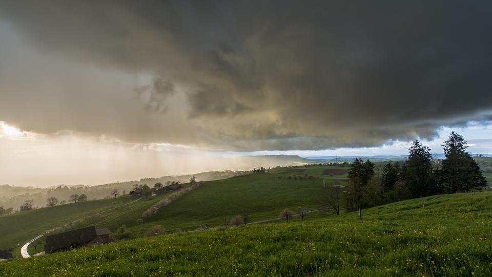 Eine Regenfront zieht über die grüne Moränenlandschaft des zugerischen Menzingen.