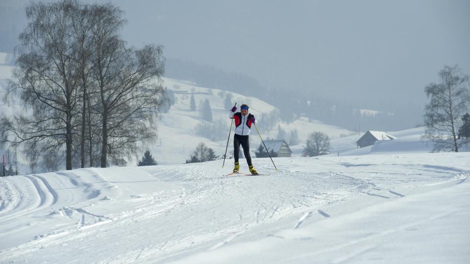 Langläufer skatet durch die verschneite Winterlandschaft des Ägeritals.