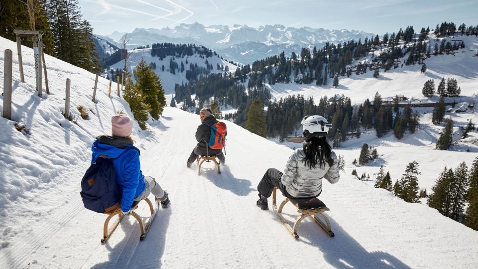 Eine Gruppe ist auf dem Schlitten in der verschneiten Rigi Winterlandschaft unterwegs und blickt auf die schneebedeckten Gipfel.