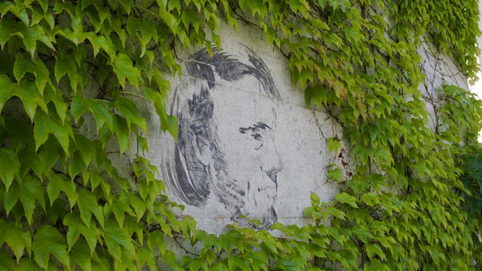 Ein Gesicht ist auf eine grau Wand gemalt. Das Werk ist von grünen Rebblättern umrundet.