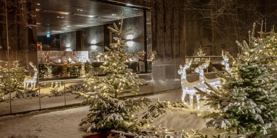 Verschneite Weihnachtsbäume im auf der Terrasse des Hotel City Garden in Zug.