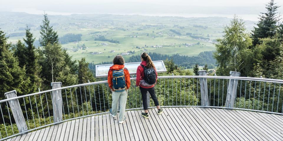 Eine Frau und ein Mann stehen auf einer Aussichtsplattform aus Holz und schauen auf eine grüne Hügellandschaft.